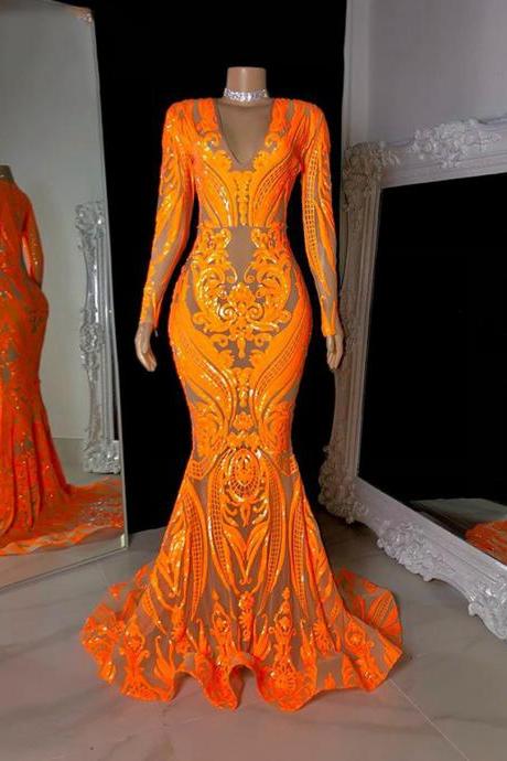 Sparkly Long Prom Dresses 2023 V-neck Long Sleeve Orange Sequined African Black Girls Mermaid Prom Dress