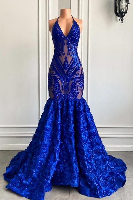 See Through Long Prom Dresses 2023 Sexy V-neck Sequin Rose Flowers Royal Blue Black Girl Mermaid Sequin Prom Dress
