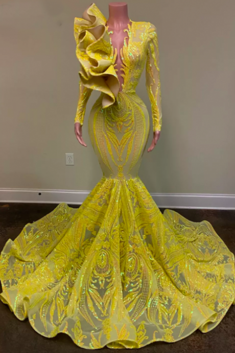 Long Prom Dresses 2022 O-neck Long Sleeve African Black Girl Mermaid Women Yellow Gala Sequin Party Prom Dress