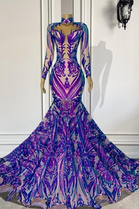 Long Prom Dresses 2023 High Neck Sexy Long Sleeve Sparkly Purple Sequin Fitted African Black Girls Prom Gala Gowns For Party