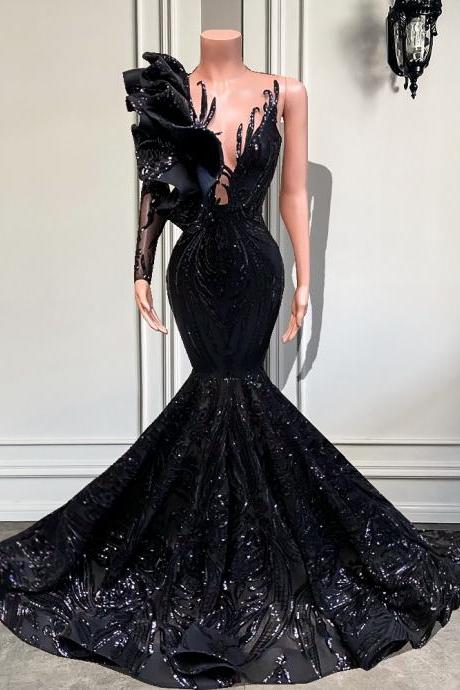 Fitted Long Sparkly Prom Dresses 2023 Single Long Sleeve Mermaid Style Sequined Black Girls Real Prom Gala Gowns For Party