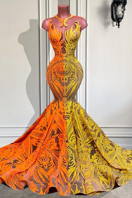 Long Sparkly Prom Dresses 2023 Sheer O-neck Orange And Yellow Sequin Black Girls Mermaid Prom Gowns