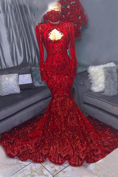 Long Sexy Prom Dresses 2023 Mermaid Style High Neck Long Sleeve Red Sequined African Black Girls Gala Prom Gowns