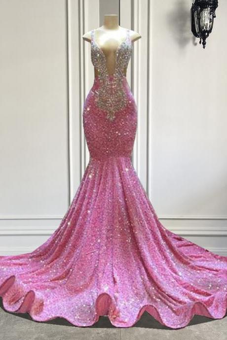 Luxury Long Prom Dresses 2023 Sexy Mermaid Sparkly Pink Sequin Black Girls Crystals Prom Gala Party Gowns For Birthday
