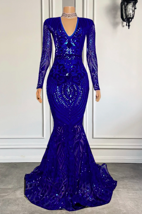 Long Elegant Prom Dresses 2023 Sheer Long Sleeve Royal Blue Sequin Mermaid African Black Girls Prom Gowns