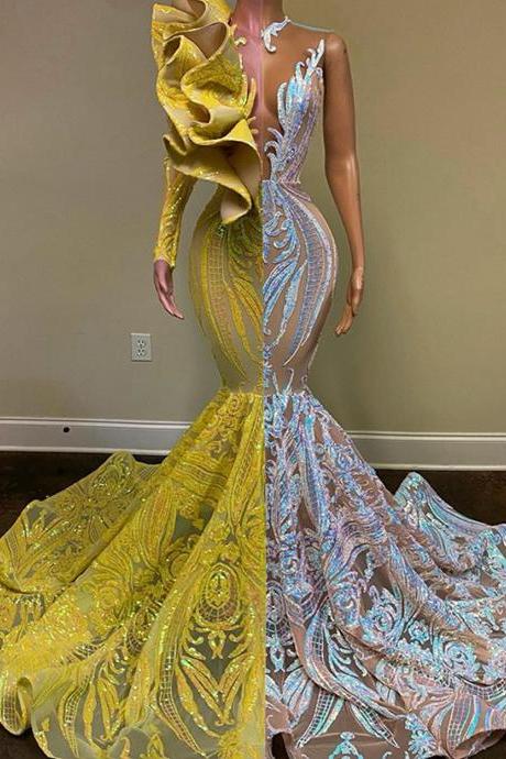 Sexy Long Prom Dresses 2023 Singe Long Sleeve Yellow And Silver Mermaid African Black Girl Gala Prom Gowns