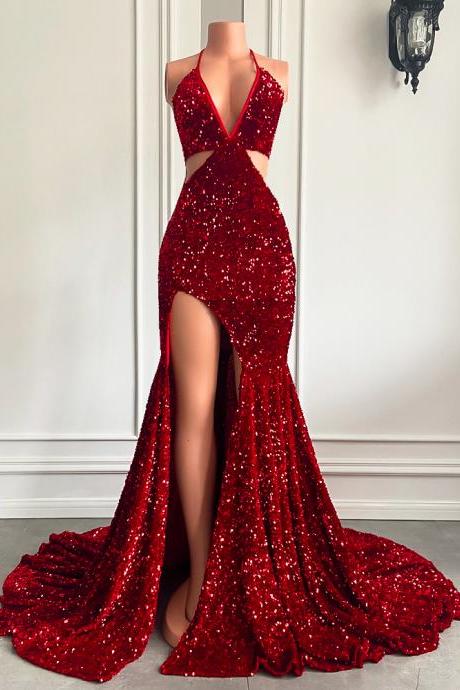 Long Sexy Prom Dresses 2023 Mermaid High Slit Halter Sparkly Red Sequin African Black Girls Prom Gala Party Gowns