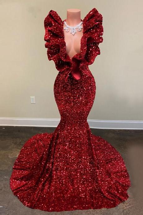 Long Sparkly Prom Dresses 2023 Real V-neck Sleeveless Mermaid Ruffles Burgundy Sequin African Black Girls Prom Dress