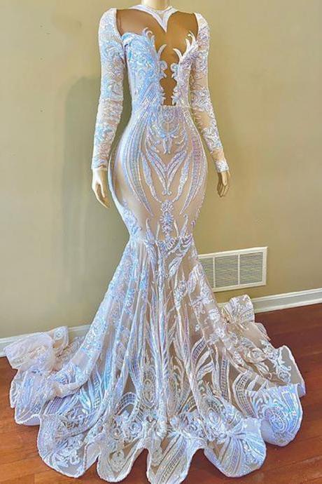 Long Sleeve Mermaid Prom Dresses 2023 Nude Sexy Sparkly Sequin African Women Black Girls Backless Prom Dress