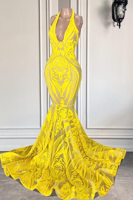 Sexy Mermaid V-neck Sleeveless Yellow Sequin Black Girls Long Prom Dresses 2023 For Birthday Party