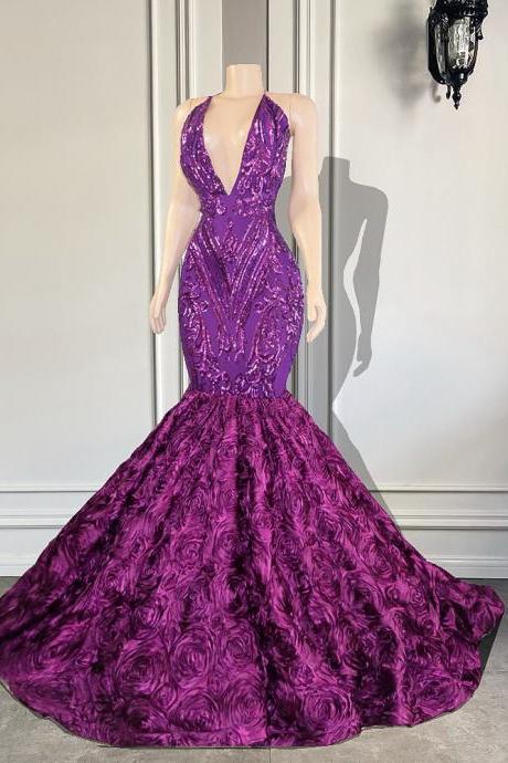 Real Picture Long Prom Dresses 2023 V-neck Sleeveless 3d Flowers Fitted Black Girls Purple Sequin Prom Gala Gowns For Party