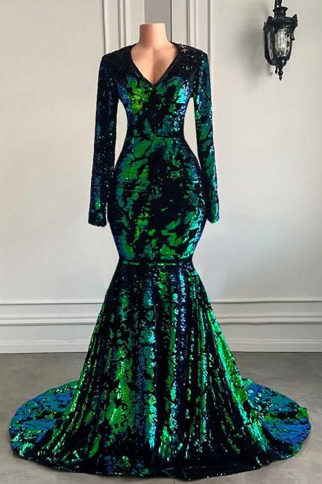 Real Picture Long Prom Dresses 2023 Sexy Mermaid Long Sleeve V-neck Sparkly Black And Green African Girls Prom Gowns