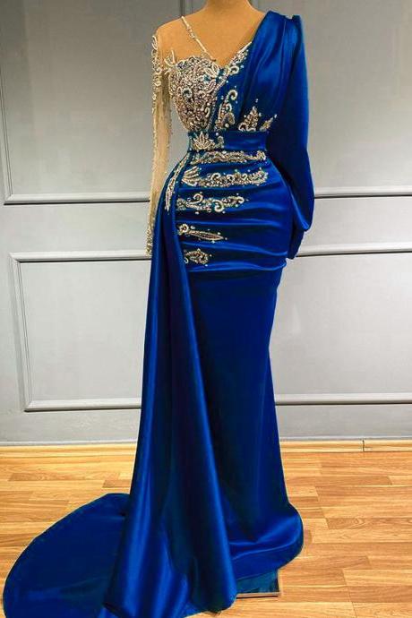 Luxury Long Sleeve Evening Dresses 2023 Sparkly Crystals Elegant Mermaid Royal Blue Satin Dubai Women Formal Party Evening Gowns