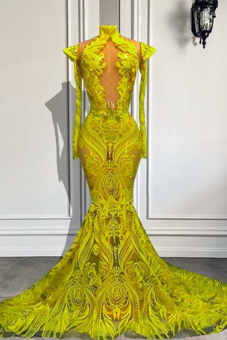 Long Elegant Prom Dresses 2023 See Through Sexy Long Sleeve Sparkly Yellow Sequin African Black Girls Mermaid Prom Gowns