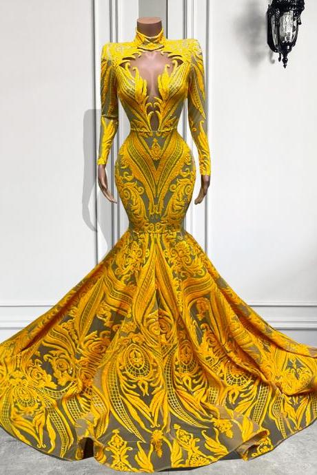 Sexy Mermaid Style Long Sleeve High Neck Yellow Sequin Black Girls Long Prom Dresses 2023 For Party