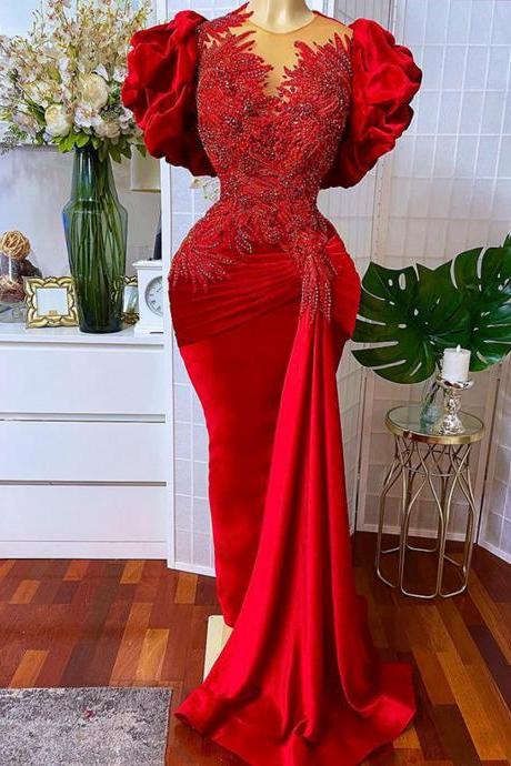 Long Red Evening Dresses 2023 Real Sample Skinny Beaded Lace Short Sleeve Velvet African Women Formal Party Evening Gowns