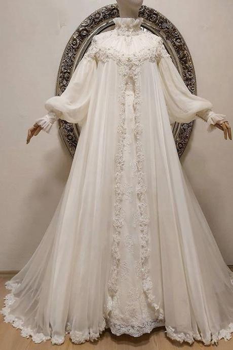 Long Sleeve Chiffon Wedding Dresses 2023 High Neck Beaded Embroidery Muslim Dubai Women White Bridal Wedding Gowns