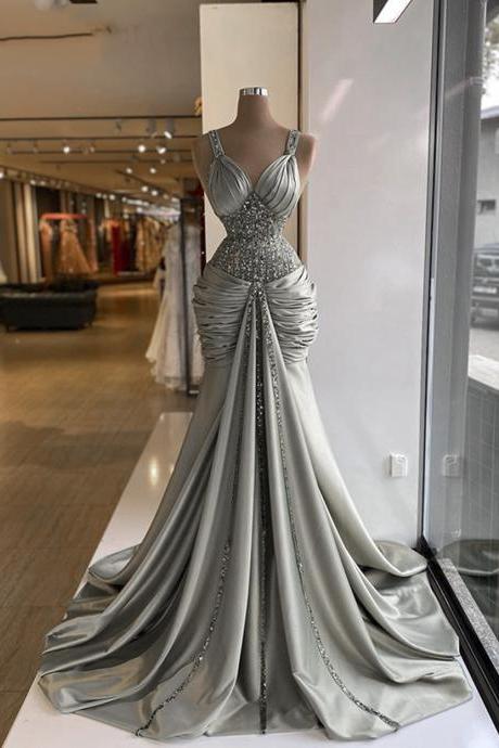 Real Sample Long Evening Dresses 2023 Luxury Mermaid Style V-neck Beaded Silver African Women Formal Evening Gowns