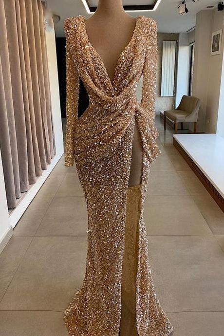 Long Sparkly Evening Dresses 2023 Long Sleeve Sexy High Slit V-neck Mermaid Rose Gold Sequin Dubai Women Formal Gowns