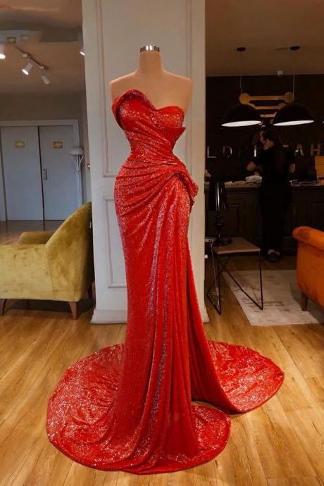 Sparkly Long Evening Dress 2023 Elegant Sweetheart Mermaid Dubai Style African Women Red Sequin Formal Gowns With Train