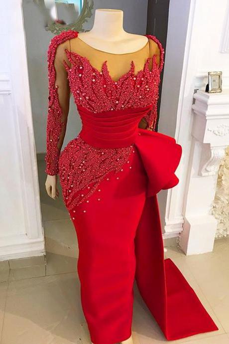 Long Evening Dress 2023 Elegant Mermaid Long Sleeve Luxury Pearls African Women Red Formal Evening Gowns