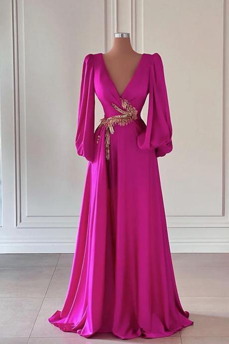 Long Evening Dress 2023 V-neck Long Sleeve Beaded Pink Chiffon Dubai Women Formal Evening Party Gowns