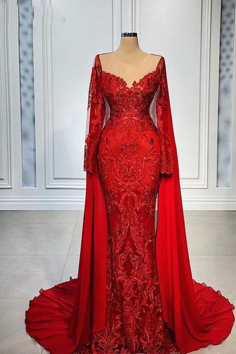 Long Red Evening Dresses 2023 Sheer Mesh Long Sleeve Beaded Embroidery Vintage Lace Mermaid African Red Women Formal Gowns