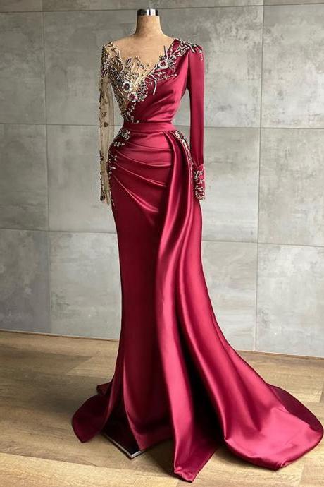 Luxury Long Sleeve Sheer O-neck Beaded Crystals Mermaid Style Dubai Women Burgundy Formal Long Evening Dress 2023