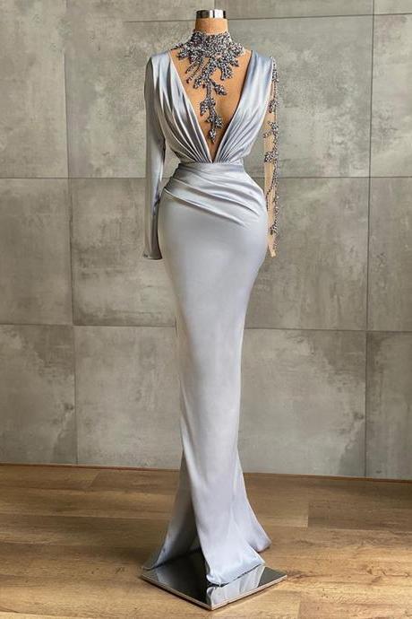 Luxury Long Sexy Mermaid High Neck Long Sleeve Crystals Silver Satin Women Formal Evening Party Night Gowns