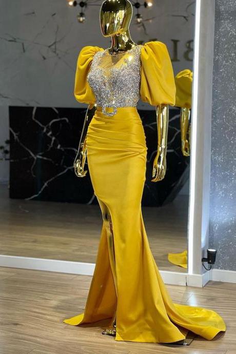 Long Yellow Evening Dresses 2023 Sexy Mermaid Puffy Short Sleeves Crystals African Women Luxury Formal Evening Gowns