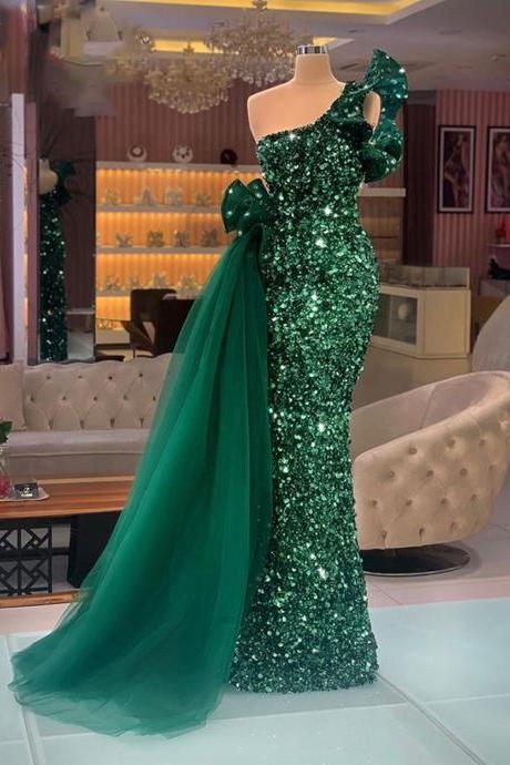 Long Sparkly Evening Dresses 2023 Mermaid One Shoulder Luxury Dark Green Sequined African Women Formal Party Evening Gowns