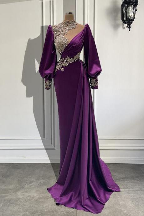 Long Sleeve Sheer High Neck Luxury Beaded Crystals Purple Satin Dubai Arabic Women Formal Evening Party Gowns