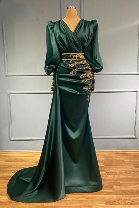 Long Sleeve Evening Dresses 2023 V-neck High Quality Satin Mermaid Style Gold Beaded Emerald Green Women Formal Gowns