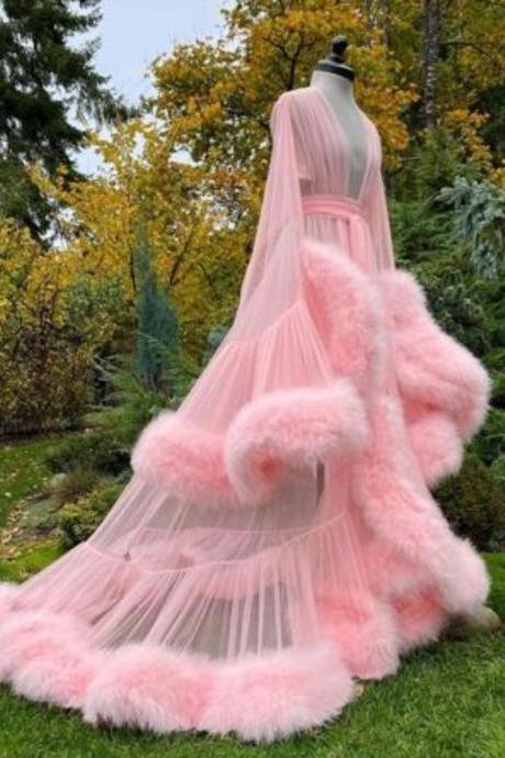 Pink Prom Dresses V Neck Long Sleeve Tulle Floor Length Court Train Ruffle Feather Long Evening Dresses Gowns