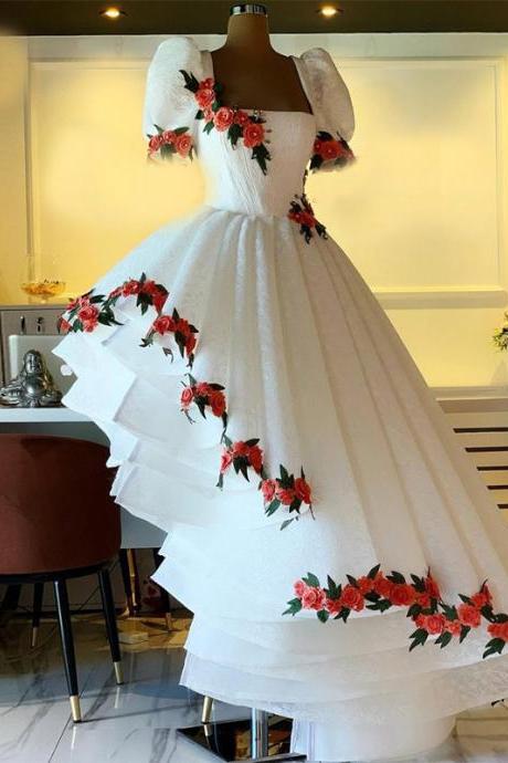 White Prom Dresses Embroidery Square Neckline Lace Appliques High Front And Low Back Flowers Long Evening Dresses Gowns