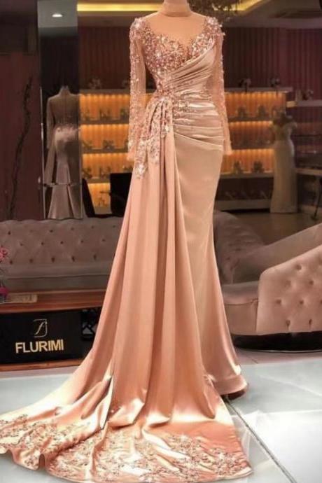 Champagne Prom Dresses 2023 Lace Appliques Beaded Sequins Mermaid Floor Length Long Evening Gowns