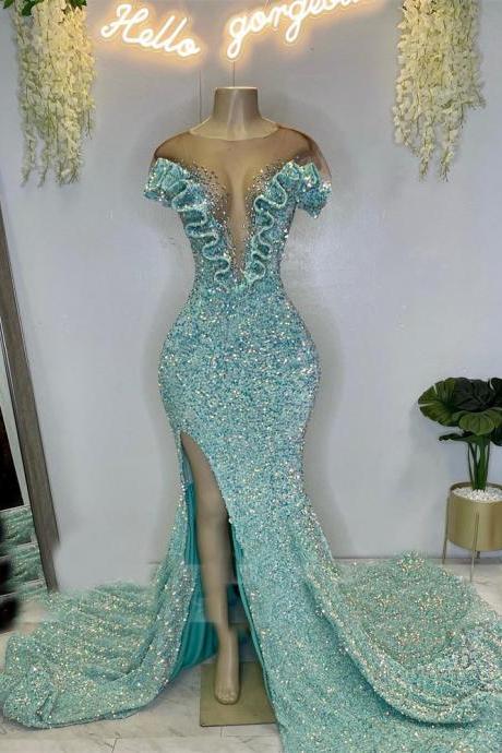 Light Blue Prom Dresses 2023 Sheer Crew Beaded Neckline Side Slit Sparkly Evening Gowns