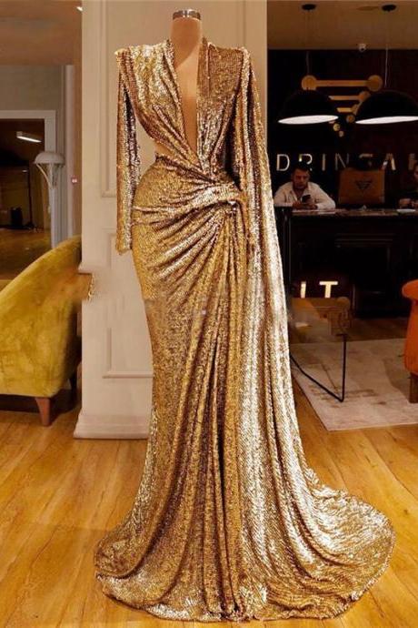 Shiny V Neck Sexy Evening Dresses 2023 Latest Design Saudi Arabic Sequins Prom Party Dress Gown Robe De Soire