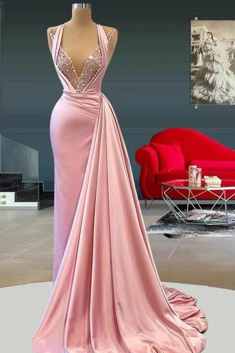 Pink Prom Dresses 2023 Beaded Crystal Beaded Evening Dresses Gowns Sexy Formal Dress