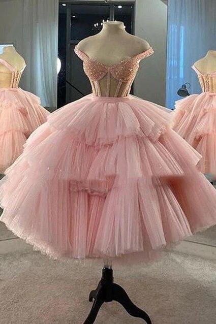 2023 Princess Short Pink Prom Dresses For Girls Women Luxury Crystals Beaded Tiered Skirt Puffy Ball Gowns Evening Pageant Dress