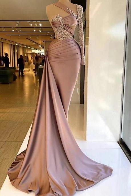 One Shoulder Long Sleeve Prom Dresses 2023 Pleats Mermaid Satin Rose Pink Long Evening Dresses Gowns