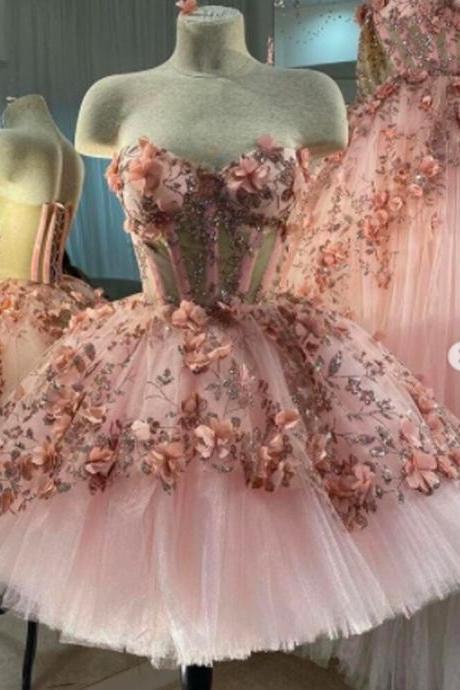 Pink Prom Dresses 2023 Sweetheart Neckline Lace Appliques Flowers Ball. Gown Evening Dresses Gowns