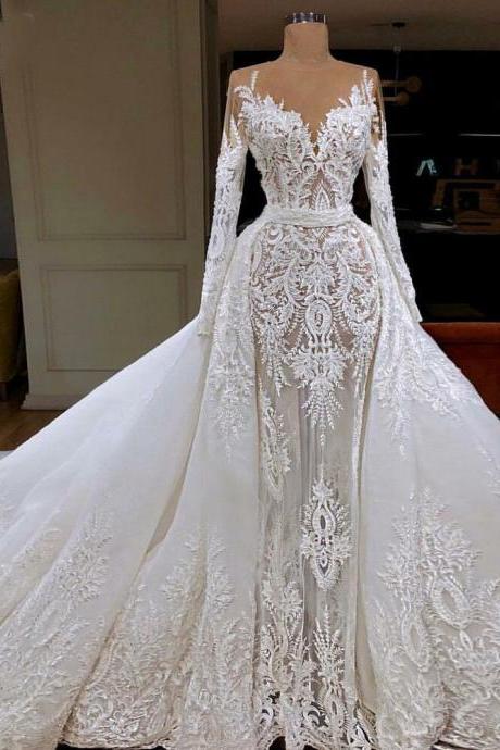 Detachable Wedding Dresses 2023 Sexy Long Sleeve Lace Appliques Vintage Bridal Dresses Vestidos De Noiva