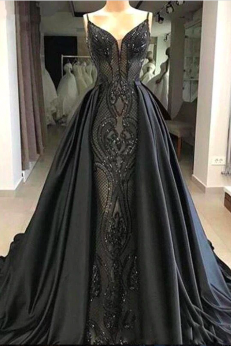 Black Prom Dresses 2023 Sweetheart Neckline Beading Sequins Detachable Skirt Floor Length Long Evening Dresses Gowns