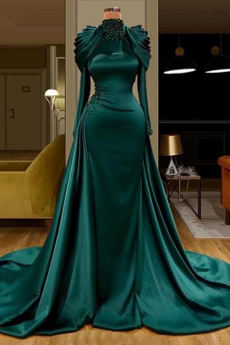 Green Prom Dresses 2023 High Neck Beading Crystal Pleats Long Sleeve Satin Mermaid Long Evening Dresses Gowns