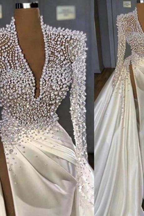 White Prom Dresses 2023 Deep V Neck Long Sleeve Side Slit Pearls Long Evening Dresses Gowns