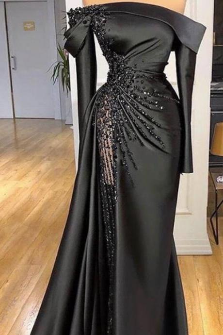 Black Prom Dresses 2023 Off The Shoulder Side Slit Mermaid Evening Dresses Gowns Arabic Party Dress