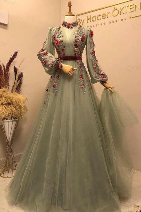 Elegant Mint Green A-line Prom Dress Long Sleeves Formal Party Dresses Flowers Beads Lace Tulle Muslim Evening Gowns 2023