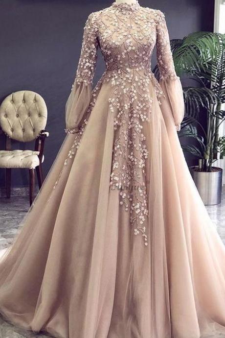 Champagne Arabic Muslim Evening Dresses Long Sleeves Appliques Flowers Beading Evening Gowns A-line Tulle Formal Prom Dress