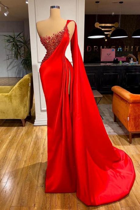 Elegant One Shoulder Red Prom Dresses Pearls Beaded Sexy Side Split Long Evening Gowns Plus Size Mermaid Pageant Dress
